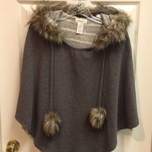 Taupe Poncho with Faux Fur Trim & Pom Poms